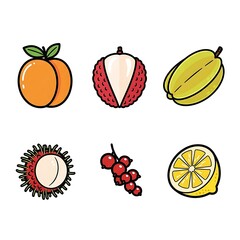 Set of six colorful fruit icons including apricot, lychee, starfruit, rambutan, currant, and lemon.