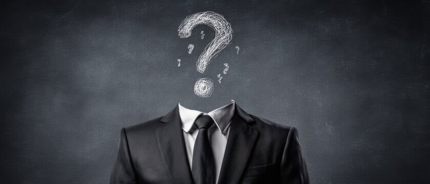 The Headless Businessman With a Chalk Question Mark for a Head Against Dark Blackboard