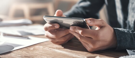 The Smartphone in Hands of a Person at a Wooden Desk Using Mobile Apps