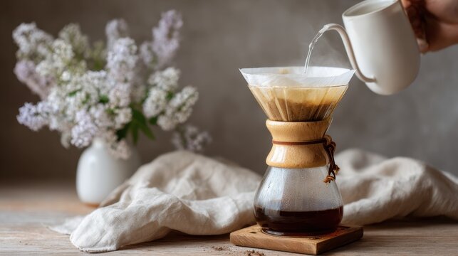 Coffee Brewing with Pour-Over Technique in Cozy Setting with Lilac