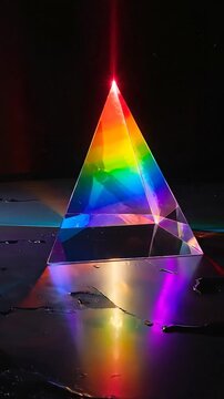 A prism refracts light into a spectrum, casting rainbows in a dark, reflective environment