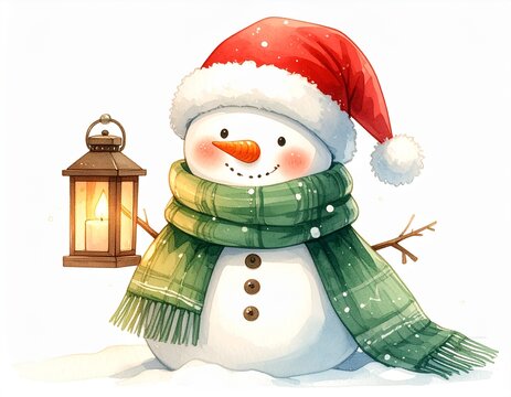 A cute, cheerful snowman wearing a Santa hat and a green checkered scarf, holding a vintage lit lantern. Watercolor illustration, white background, soft snowflakes falling.
