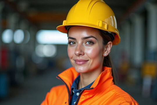 Smiling Female Engineer/Worker Wearing Yellow Hard Hat and Safety Vest