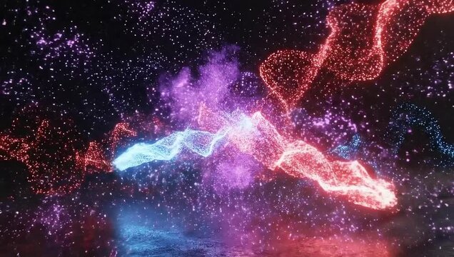 A bright explosion of light and energy with red and blue particles colliding in the center