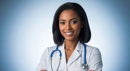 Confident female doctor in white lab coat with stethoscope