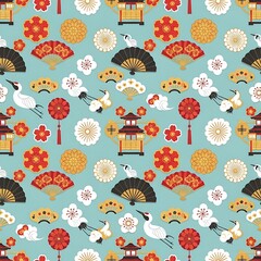 Traditional Japanese seamless pattern with cranes, fans, flowers, and mikoshi shrines on a textured blue background.