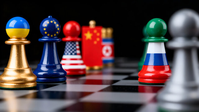 Chess pawns with flags of different countries on a chessboard symbolizing geopolitical strategy and international relations in a political context
