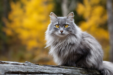 a fluffy cat sits atop an old log in the forest