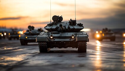 A powerful military tank leads a convoy at sunset, showcasing its imposing presence and strength against a fiery sky