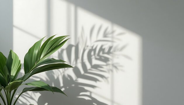 Green houseplant casting shadows on a white wall in a minimalist interior space