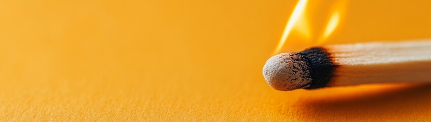 A close-up shot reveals a lit matchstick, its head ablaze against a vibrant orange background