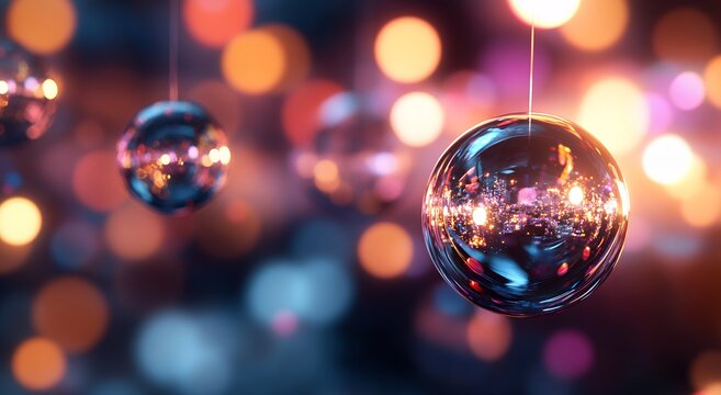Shimmering glass spheres hang against a vibrant bokeh backdrop, creating a festive and luxurious atmosphere