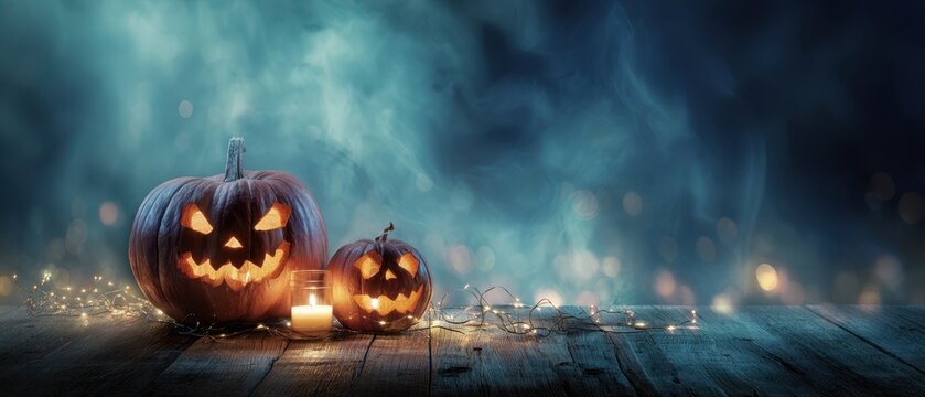 The Jack-o'-lantern Pumpkins Glowing on Rustic Wooden Table with Candlelit Foggy Background