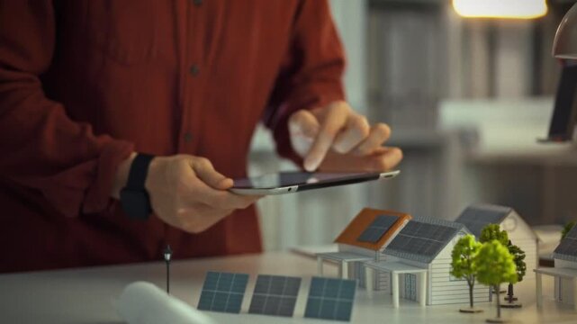 An engineer interacts with a touchscreen tablet while designing solar panels, surrounded by miniature house models. The engineer uses the touchscreen to design solar solutions for sustainable energy