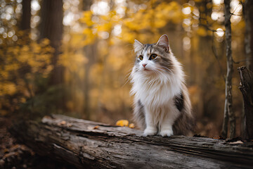 a fluffy cat sits atop an old log in the forest