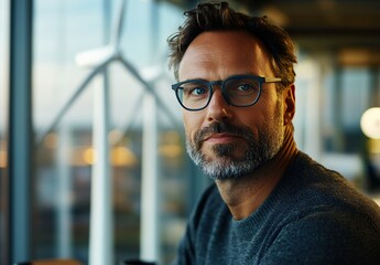 A mature man with a beard, wearing glasses, sits near a window with wind turbines visible outside