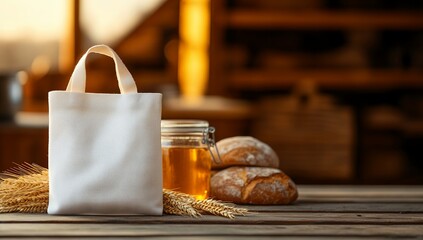 A blank canvas tote bag sits on a rustic wooden table with fresh bread, honey, and wheat, creating a wholesome, bakery-themed scene