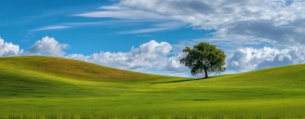 The tree standing alone on rolling green hills beneath a dramatic blue sky