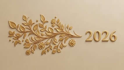 Elegant golden branch accenting year 2026 on beige backdrop depicting refined aesthetic perfect for upscale promotions and invitations offering blank space