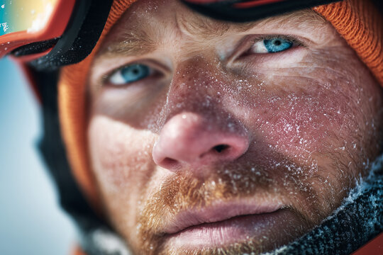 Close-up portrait of a frost-covered skier with piercing blue eyes, orange beanie and goggles — rugged winter endurance and alpine grit