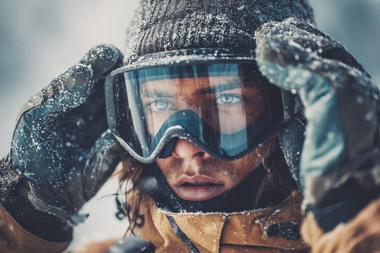 Intense close-up portrait of a snowboarder adjusting frosted goggles in a blizzard, steely blue eyes and rugged winter gear ready for adventure