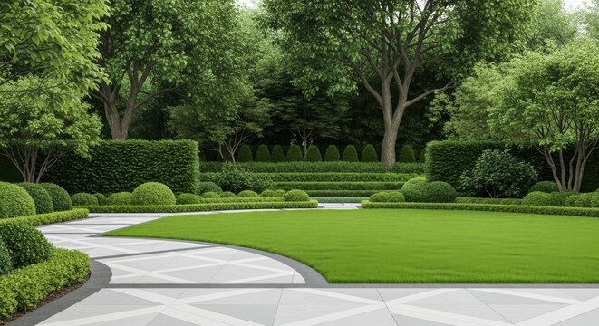 Lush green formal garden with manicured hedges and patio. - Powered by Adobe