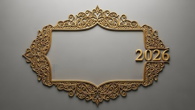Ornate golden frame with year 2026 against soft gray background with shadow offering space for personalized messages and images evoking elegance and anticipation