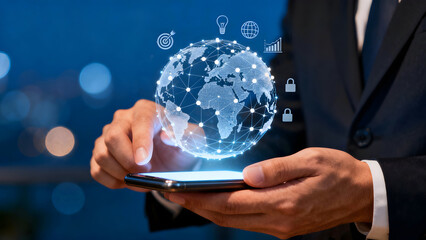 Businessman holding a glowing smartphone with a digital globe representing global connectivity and modern technology for business and communication concepts