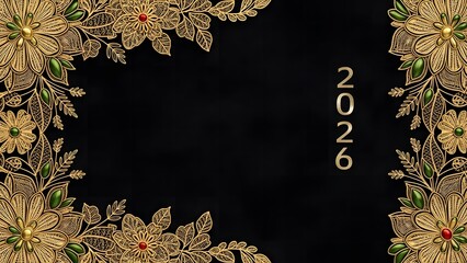 Ornamental Floral Frame with 2026 Year in Gold for Elegant Certificates and Customized Festive Card Designs Symbolizing Future Events