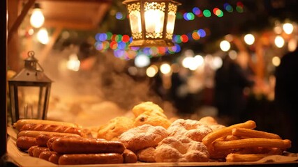 Delicious Hot Sausages Pastries And Churros Served At A Festive Outdoor Market Stall At Night With Warm Lantern Light And Bokeh Background