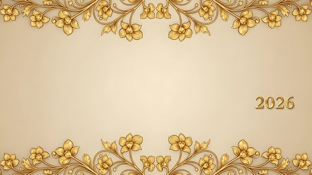 Elegant Beige Background Adorned with Golden Floral Ornaments and Year 2026 Ideal for Invitations and Festive Greetings Featuring Decorative Details in Classic Style Centered Composition