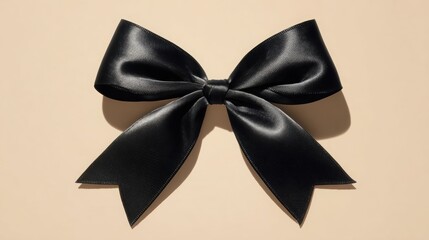 Elegant black ribbon bow positioned centrally on a soft beige background, illuminated by gentle neutral softbox light, featuring ample copy space for creative design applications