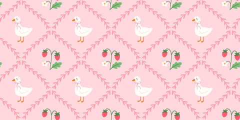 Fototapeta premium Cozy vintage cottage seamless pattern with duck and strawberries