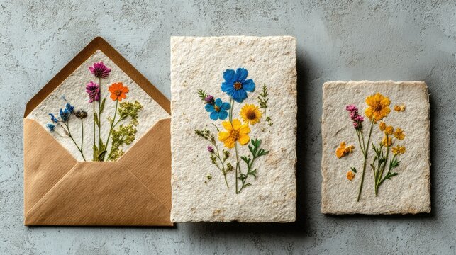 Flat lay composition of pressed flowers, condolence card, and envelope on textured grey background with soft lighting, ideal for sympathy messages and heartfelt sentiments