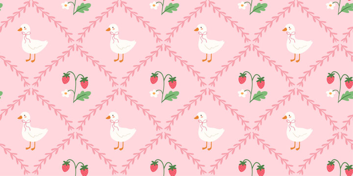 Cozy vintage cottage seamless pattern with duck and strawberries