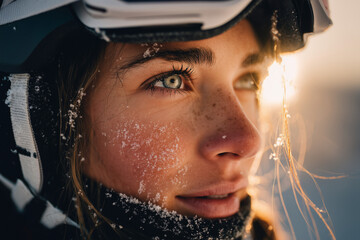 Sunlit close-up of a skier's frost-kissed face with blue eyes and snowflakes on skin and helmet, a golden-hour winter sports portrait