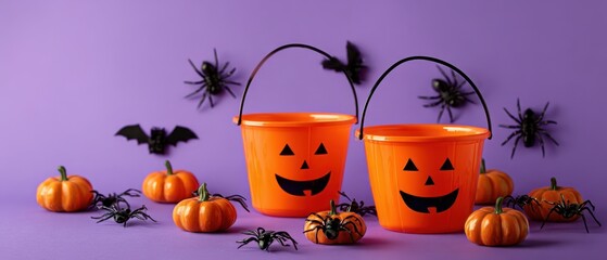 The Jack-o'-lantern Buckets with Mini Pumpkins and Spiders on Purple Background