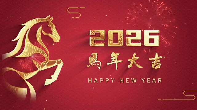 
A golden horse celebration animation for the 2026 Lunar New Year, with Chinese characters meaning: Good Luck in the Year of the Horse.