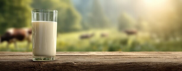The Glass of Milk on Rustic Wooden Table with Pasture and Cows in Sunrise