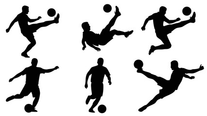 Dynamic soccer player silhouettes in action, showcasing various kicking techniques and movements during a football game