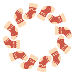 Cute Christmas wreath formed from hand drawn festive stockings in a cozy flat illustration style. Ideal for holiday cards, posters and winter decor.