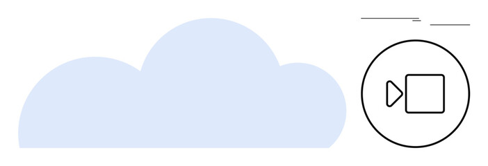 Light blue cloud next to circular play button indicating cloud-based video storage or streaming. Ideal for technology, media, cloud services, digital storage, streaming, modern communication, data