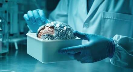 Human brain specimen wrapped in foil held by scientist in laboratory gloves