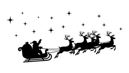 Festive silhouette of Santa's sleigh pulled by reindeer against a starry night sky, embodying holiday magic and winter joy