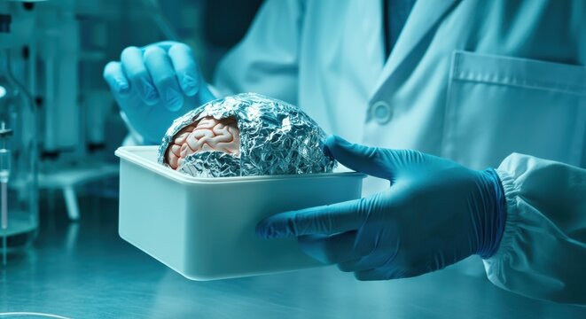 Human brain specimen wrapped in foil held by scientist in laboratory gloves
