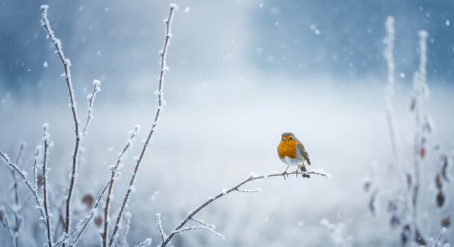 Robin perched on a frosty branch in a soft snowy winter landscape at dawn
