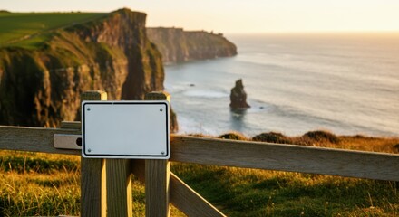 Blank sign on wooden fence overlooking coastal cliffs and ocean at sunset