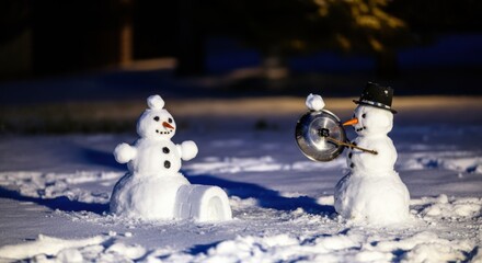 Snowmen playing makeshift drums in a snowy yard at night with warm light