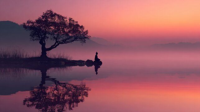 meditating at dawn, Bodhi tree 