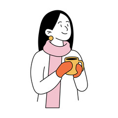 Vector illustration of a woman holding a warm drink. She wears a pink scarf, orange gloves, cozy expression. Perfect for winter, Christmas, lifestyle and seasonal designs.